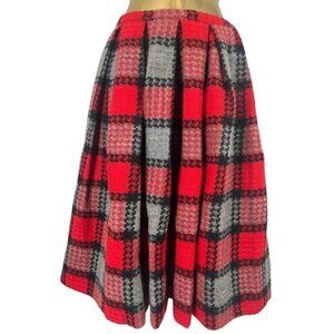 Vintage Red Wool Plaid Pleated Midi A Line Full Knee Length Skirt 24 Waist XS